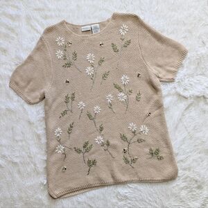 Y2K Vintage White Stag Bees & Daisies Embroidered Short Sleeve Sweater Size 18W
